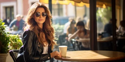 Stylish Woman Sitting At Outdoor Cafe Table