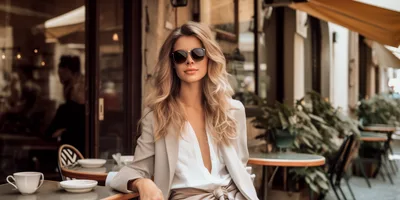 Stylish Blonde Woman Sitting At Outdoor Cafe