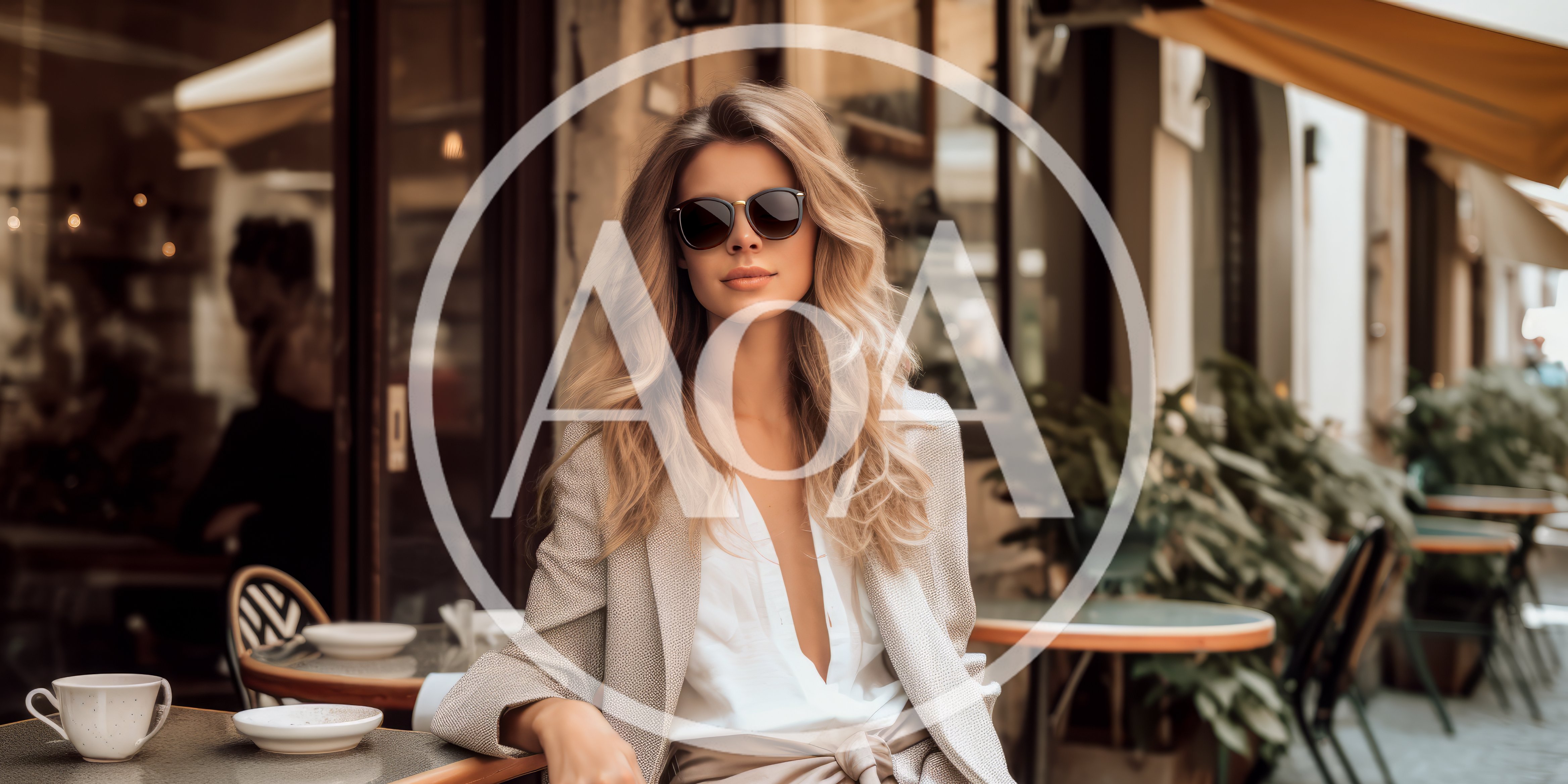 Stylish Blonde Woman Sitting At Outdoor Cafe