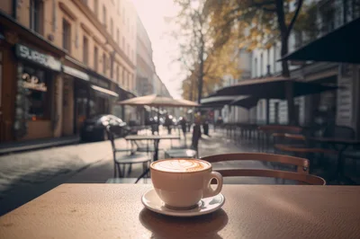 Cup Of Latte On A Sidewalk Cafe Table