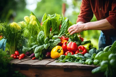 Farmer Arranging Freshly Harvested Organic Vegetables On Wooden Table