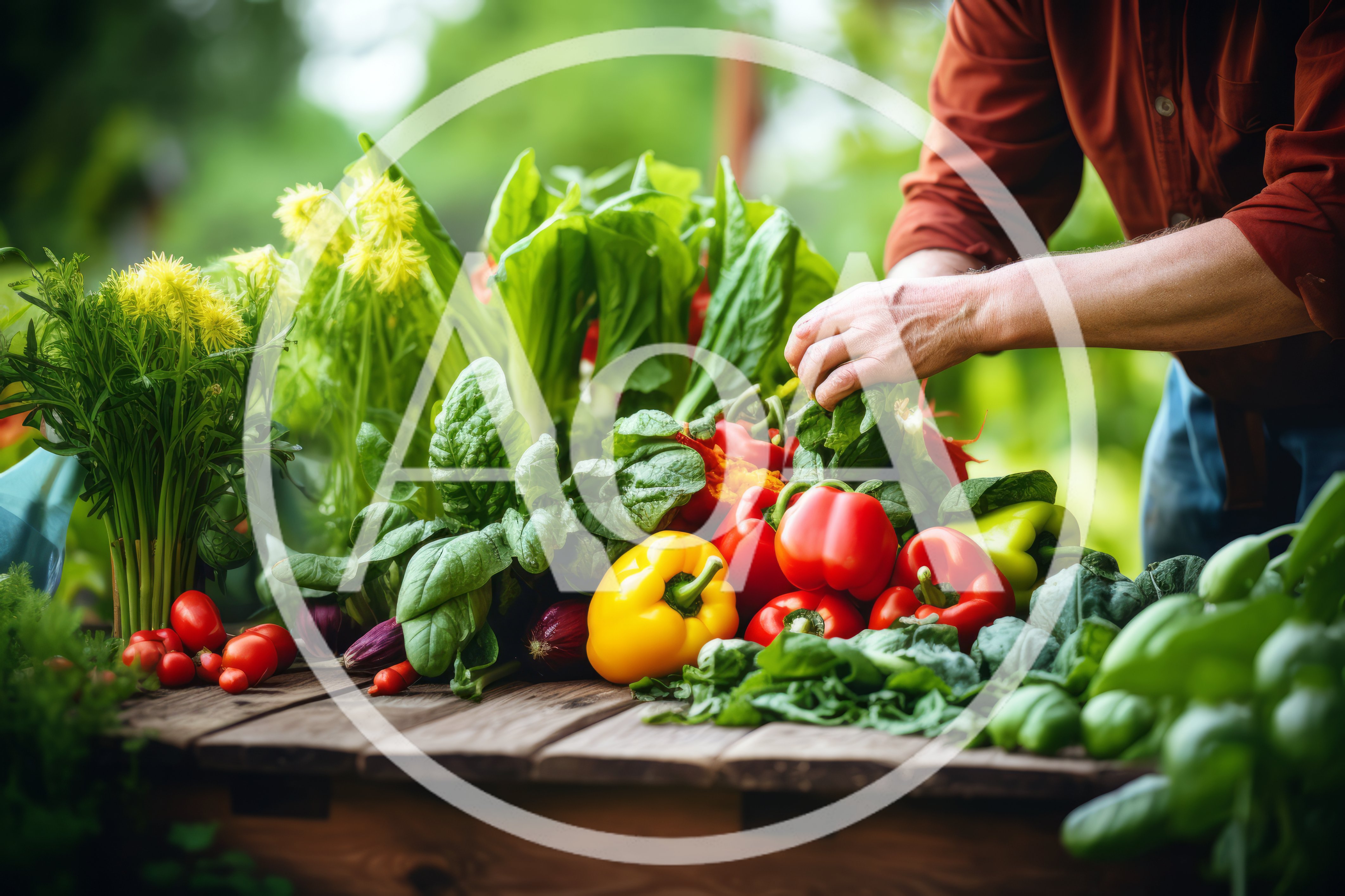 Farmer Arranging Freshly Harvested Organic Vegetables On Wooden Table