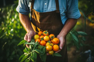 Farmer Holding Freshly Harvested Yellow Cherry Tomatoes