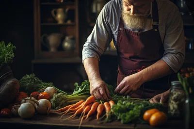 Bearded Chef Preparing Fresh Vegetables In Rustic Kitchen