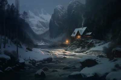 Cozy Cabin Beside A Snowy Mountain River At Night