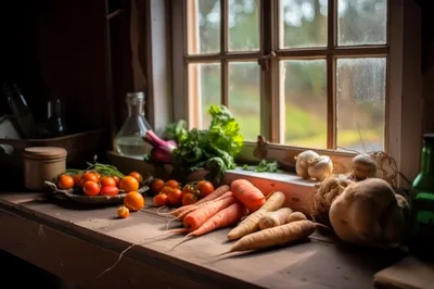 Fresh Harvest Vegetables On A Rustic Kitchen Window Sill