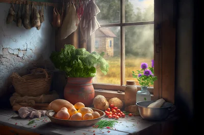 Rustic Kitchen Still Life With Fresh Produce