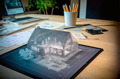 Architectural 3D House Model Displayed On Digital Tablet