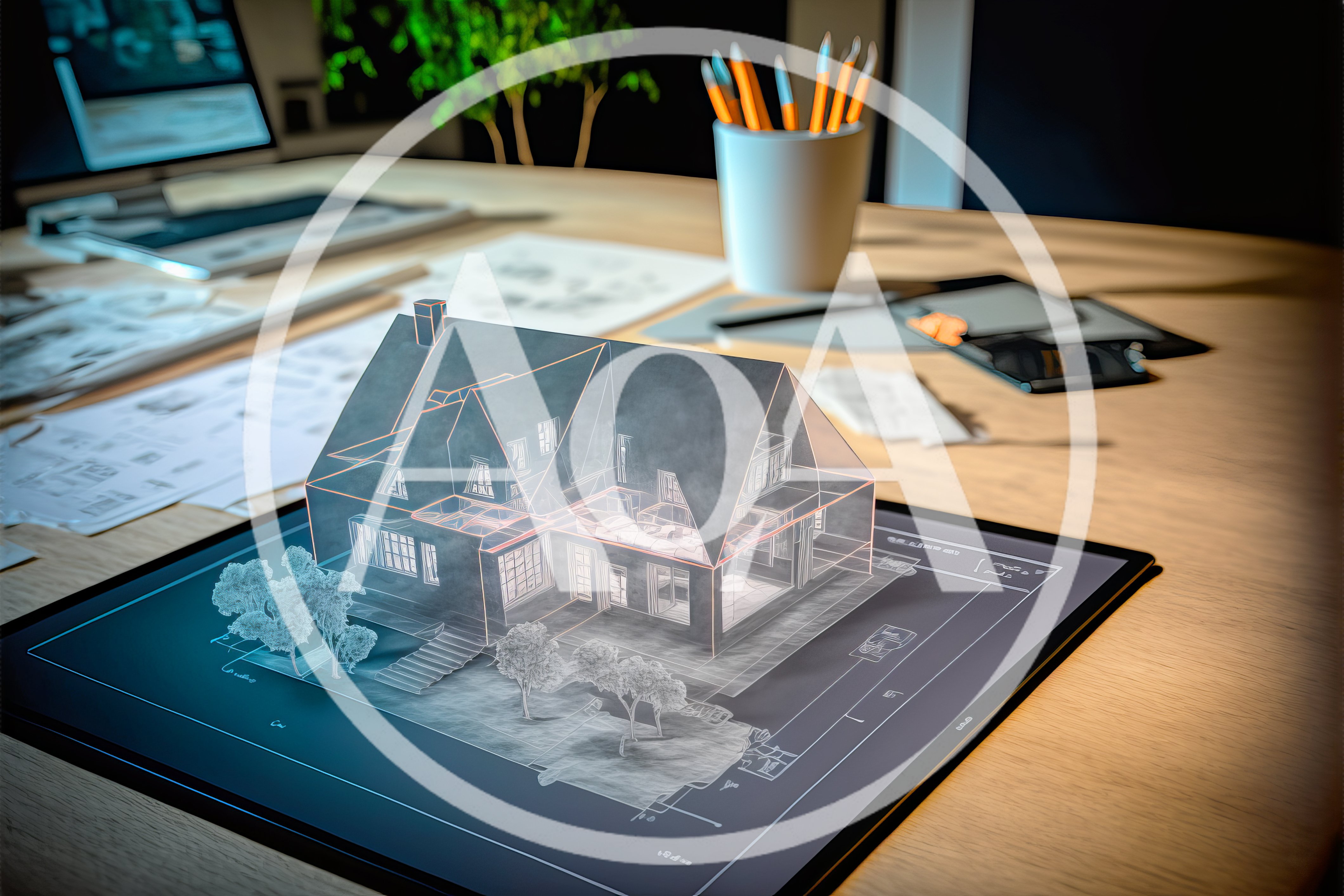 Architectural 3D House Model Displayed On Digital Tablet
