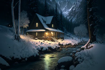 Cozy Wooden Cabin Beside A Snowy Mountain Stream