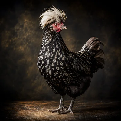 Studio Portrait Of A Silver Laced Polish Chicken