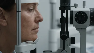 Mature Woman Undergoing Eye Examination At Optometrist Office