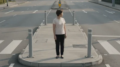 Mature Asian Woman Standing On A Road Median