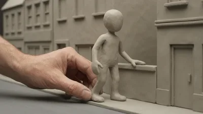 Animator Adjusting Clay Figure On Miniature Street Set