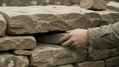 Stonemason Placing A Flat Stone Into A Dry Stone Wall