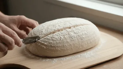 Baker Scoring Sourdough Bread Dough With A Lame
