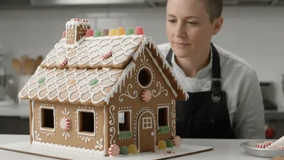 Professional Baker Inspecting A Decorated Gingerbread House