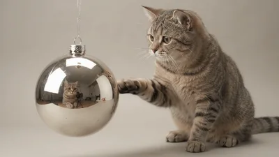 Tabby Cat Watching A Reflective Christmas Ornament