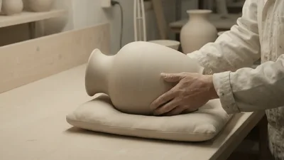 Potter Placing Clay Vase On Soft Cushion