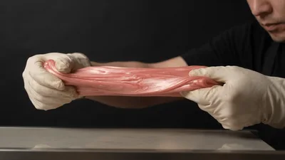 Person Stretching Pink Metallic Slime With Gloved Hands