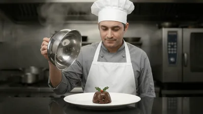 Chef Unveiling A Steaming Christmas Pudding In Professional Kitchen