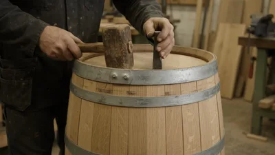 Cooper Using Mallet And Chisel On Wooden Barrel