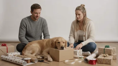 Couple Wrapping Christmas Gifts With Golden Retriever Dog