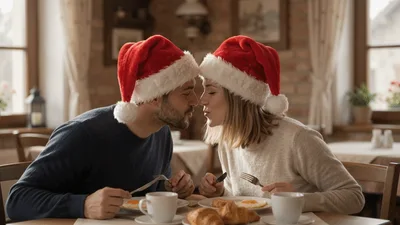 Couple Wearing Santa Hats Eating Breakfast Together