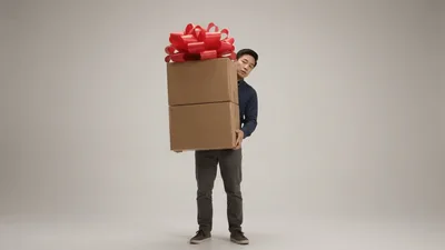 Asian Man Carrying Stacked Gift Boxes