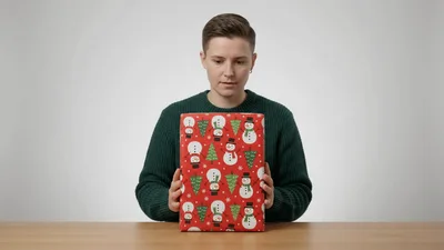 Person Holding A Christmas Gift On A Table