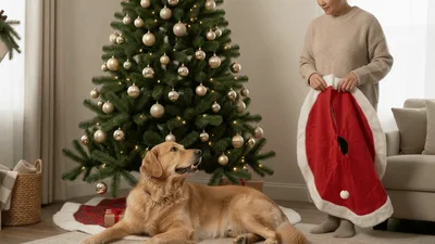 Person Holding Christmas Tree Skirt Near Golden Retriever