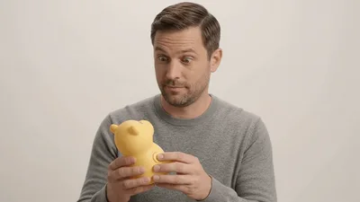 Man Interacting With A Yellow Bear Shaped Night Light