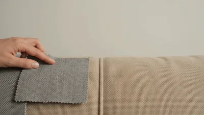 Hand Comparing Fabric Swatches Against Sofa Upholstery
