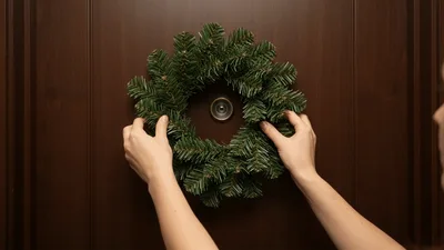 Person Hanging Christmas Wreath On Front Door