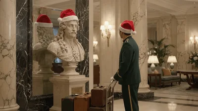 Hotel Bellhop Pushing Luggage Cart Past Bust
