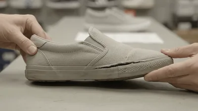 Hands Holding Damaged Grey Canvas Slip On Shoe