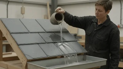 Person Pouring Water Over Slate Roof Model
