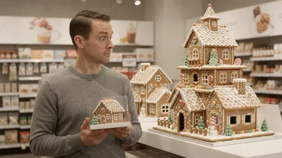 Man Comparing Small And Large Gingerbread Houses In Store