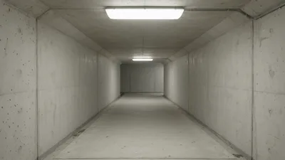 Empty Concrete Pedestrian Tunnel With Flickering Overhead Lights