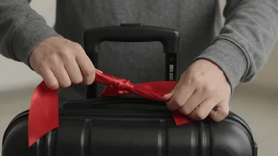 Person Adjusting Red Ribbon On Black Suitcase