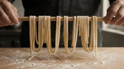 Chef Lifting Freshly Cut Noodles On Wooden Rolling Pin