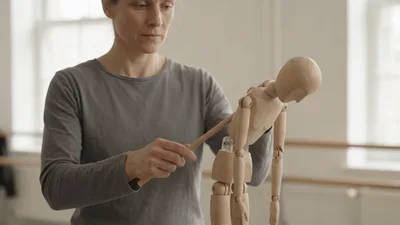 Artist Adjusting Wooden Mannequin Pose In Dance Studio