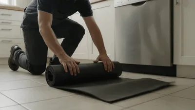 Man Unrolling Black Yoga Mat On Kitchen Floor