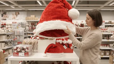 Woman Examining Large Santa Hat In Christmas Store