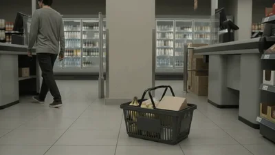 Man Walking Away From Shopping Basket In Supermarket
