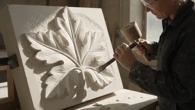 Stone Mason Carving An Intricate Leaf Design