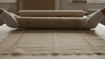 Archivist Unrolling Antique Textile On A Table