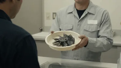 Factory Worker Presenting Assembled Plastic Fan Blade