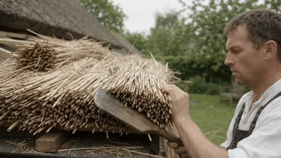 Thatcher Trimming Reeds With A Traditional Tool