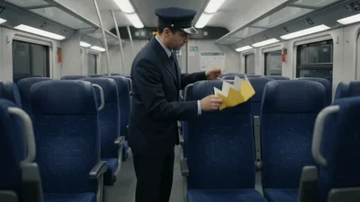 Train Conductor Places Paper Crown On Passenger Seat